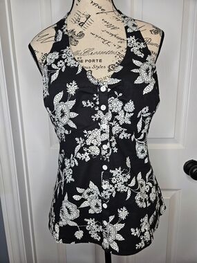 Eclipse Black White Floral Top Size M Halter Neck Button Down Cotton Summer